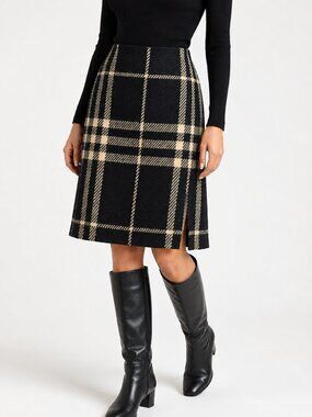 BURBERRY LONDON WOOL PLAID SKIRT BLACK CHECK KNEE LENGTH CLASSIC PREPPY OFFICE M